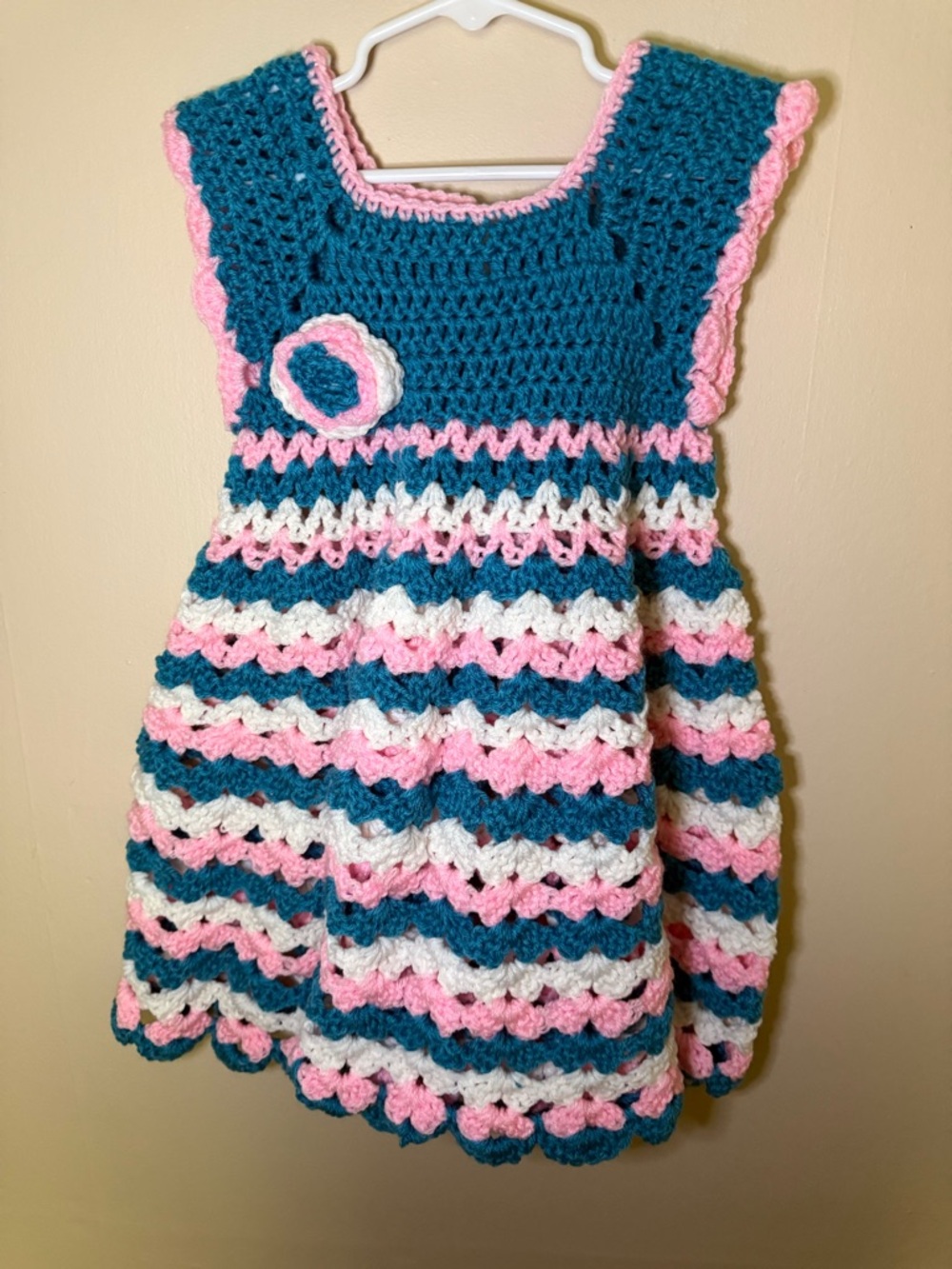 Hand Crafted Crochet Baby Dress in Teal, Pink & White